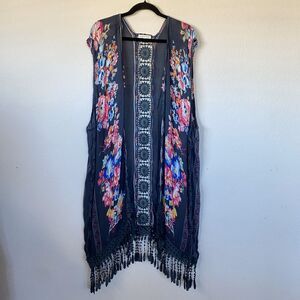 Woven Heart Open Front Kimono Women Size L Gray Pink Blue Floral Tassels Crochet